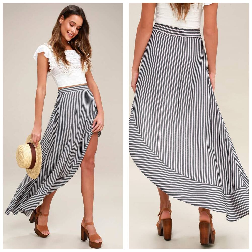 Lulus King Harbor Burgundy and Navy Blue Striped Asymmetric Hem Maxi Skirt Small
